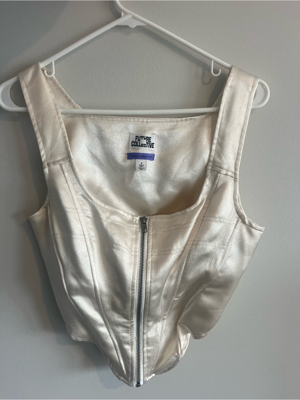 Future Collective Cream Metallic Zip-Front Crop Corset Vest